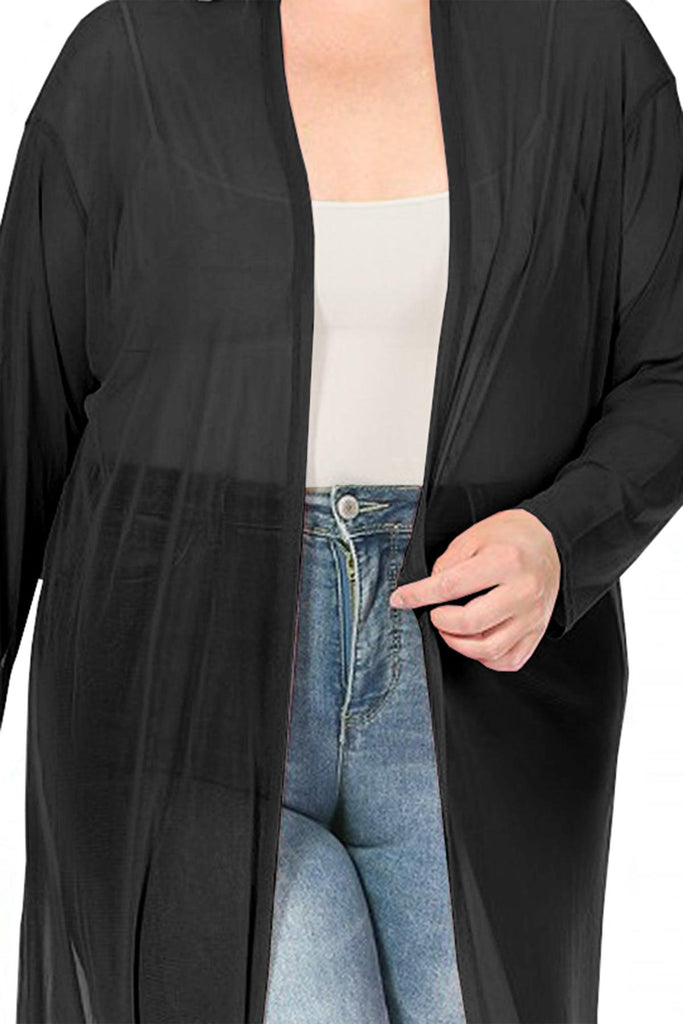 Women's Plus Size Solid Open Front Long Sleeve Chiffon Mesh Loose Cover Up Long Cardigan FashionJOA