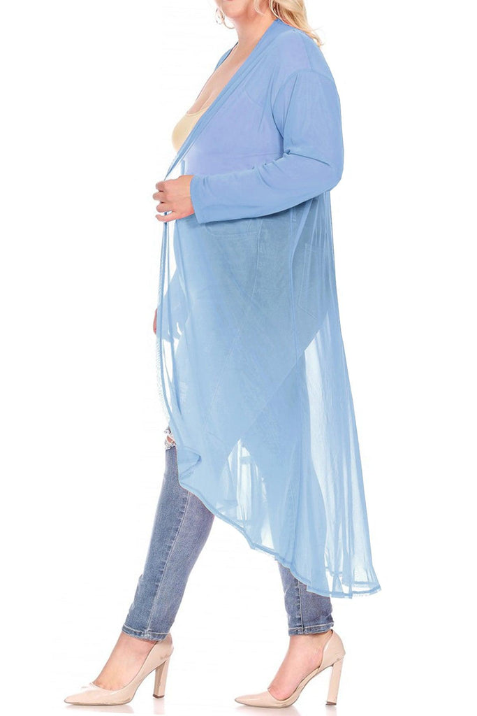 Women's Plus Size Solid Open Front Long Sleeve Chiffon Mesh Loose Cover Up Long Cardigan FashionJOA