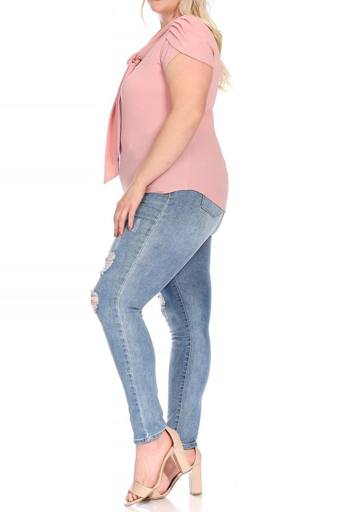 Women's Plus Size Solid Petal Sleeve Bow Tie Neck Short Sleeve Blouse FashionJOA