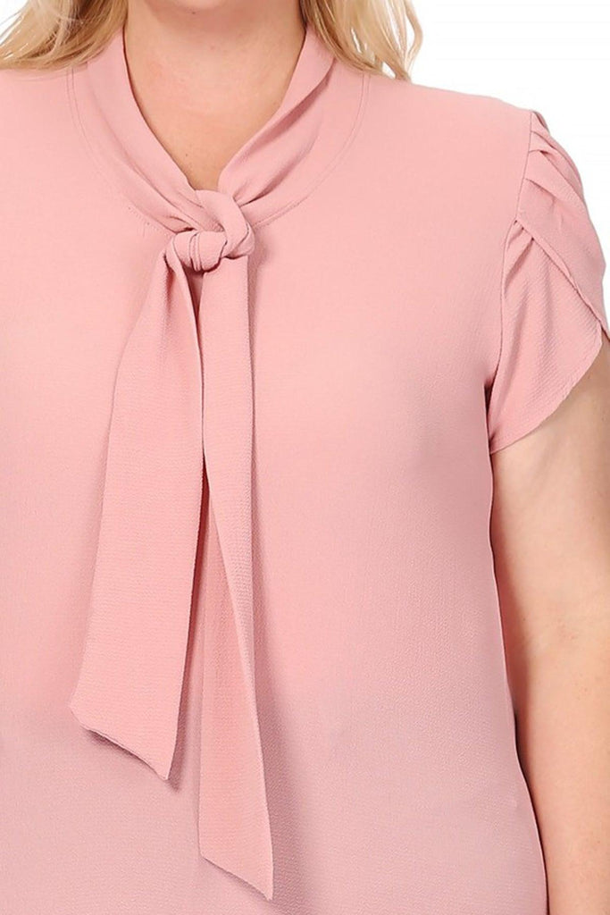 Women's Plus Size Solid Petal Sleeve Bow Tie Neck Short Sleeve Blouse FashionJOA