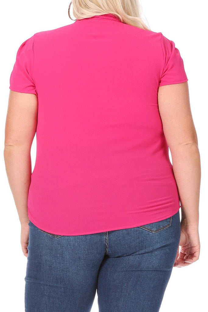 Women's Plus Size Solid Petal Sleeve Bow Tie Neck Short Sleeve Blouse FashionJOA