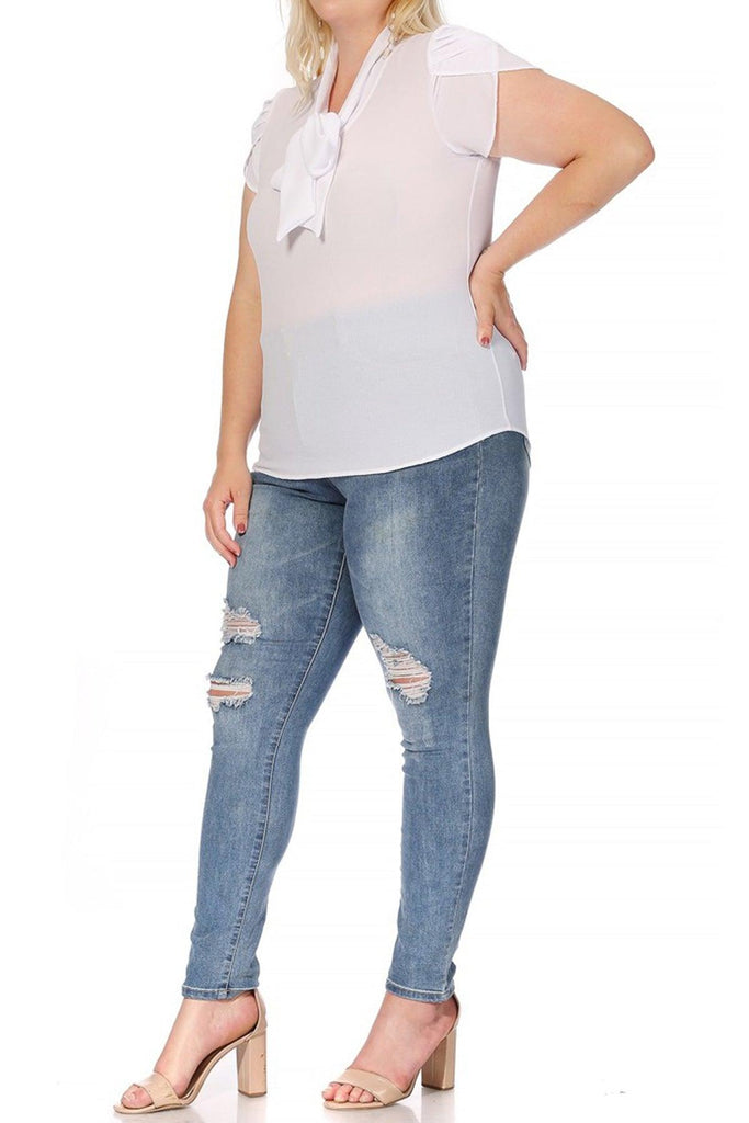 Women's Plus Size Solid Petal Sleeve Bow Tie Neck Short Sleeve Blouse FashionJOA