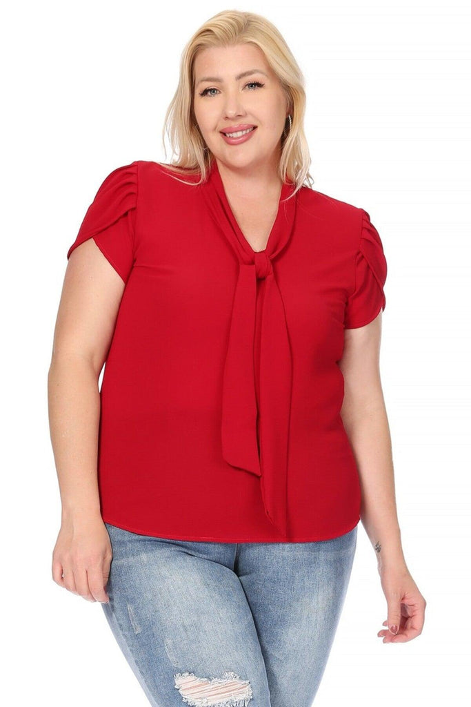 Women's Plus Size Solid Petal Sleeve Bow Tie Neck Short Sleeve Blouse FashionJOA