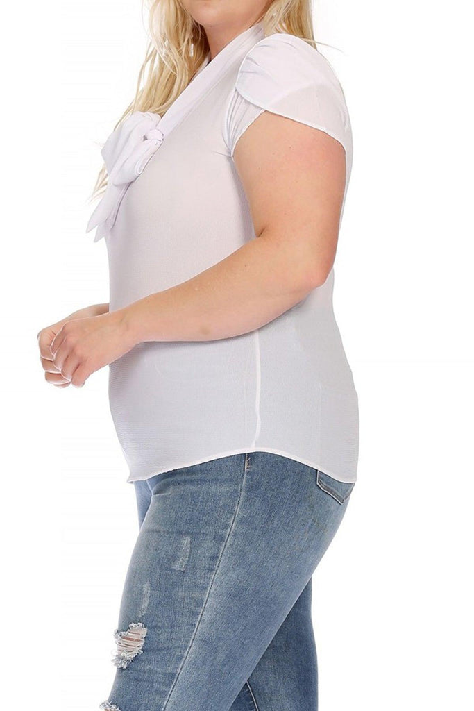 Women's Plus Size Solid Petal Sleeve Bow Tie Neck Short Sleeve Blouse FashionJOA