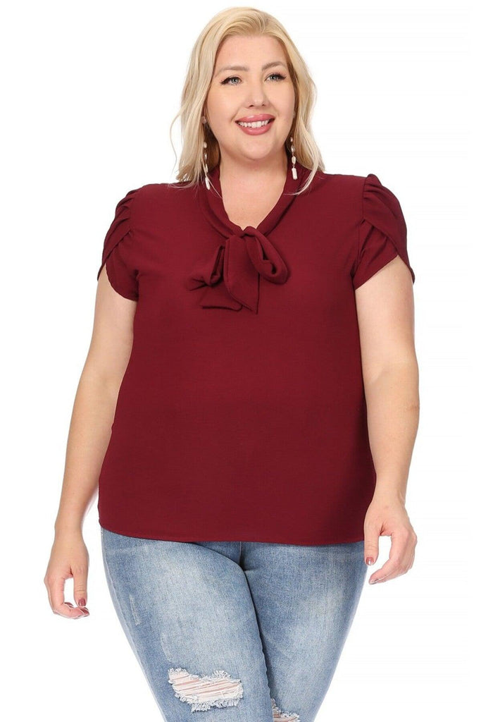 Women's Plus Size Solid Petal Sleeve Bow Tie Neck Short Sleeve Blouse FashionJOA