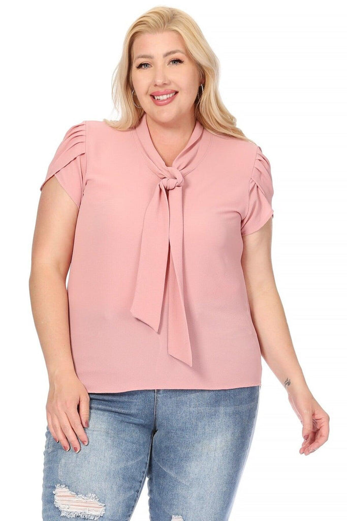 Women's Plus Size Solid Petal Sleeve Bow Tie Neck Short Sleeve Blouse FashionJOA