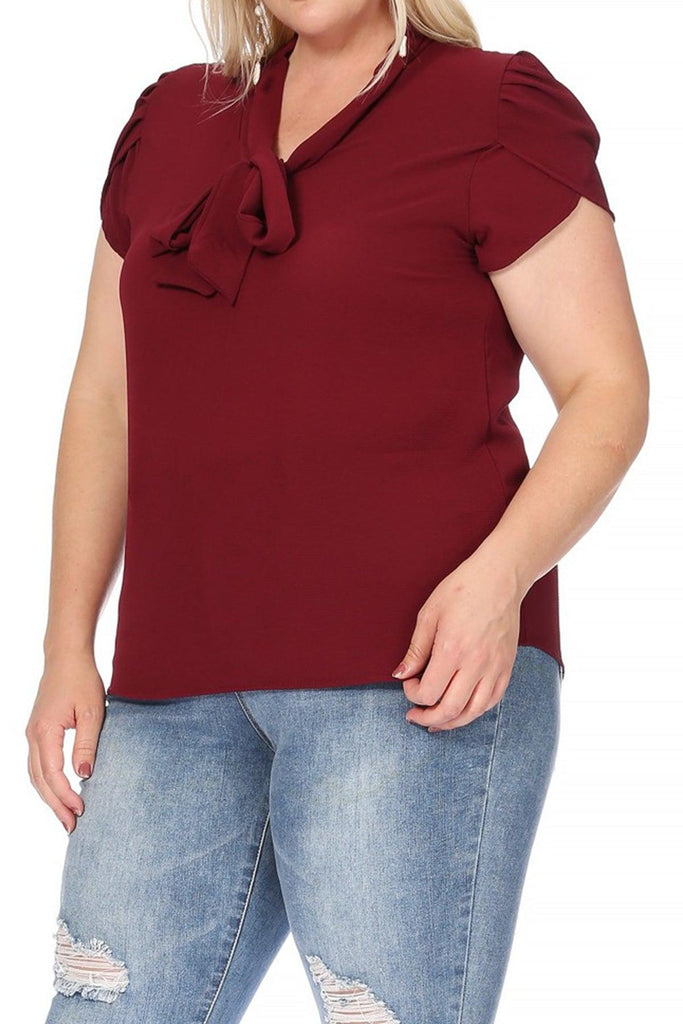 Women's Plus Size Solid Petal Sleeve Bow Tie Neck Short Sleeve Blouse FashionJOA