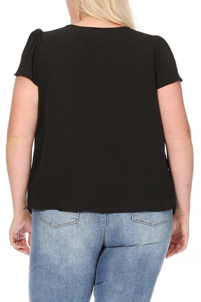 Women's Plus Size Solid Petal Sleeve Bow Tie Neck Short Sleeve Blouse FashionJOA
