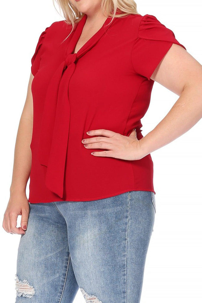 Women's Plus Size Solid Petal Sleeve Bow Tie Neck Short Sleeve Blouse FashionJOA