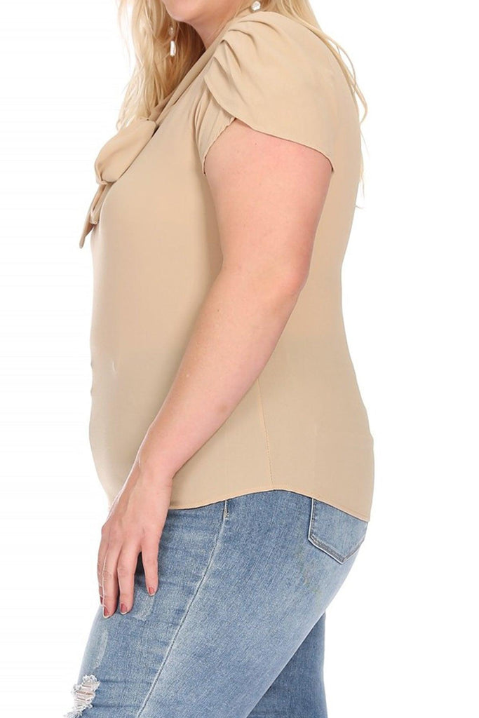 Women's Plus Size Solid Petal Sleeve Bow Tie Neck Short Sleeve Blouse FashionJOA
