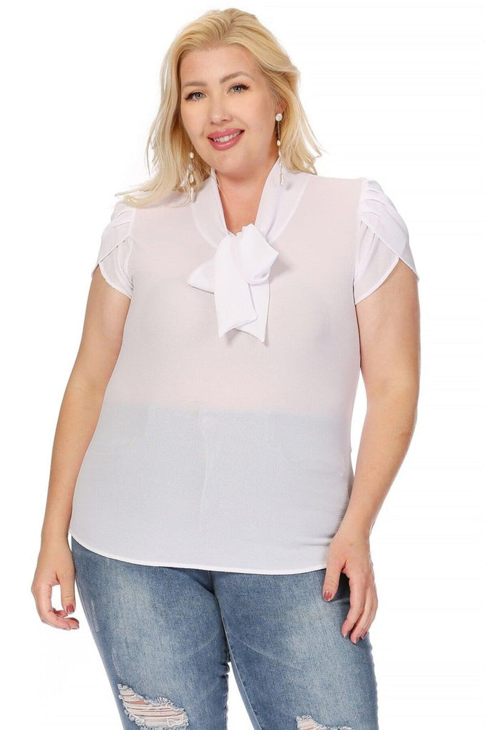 Women's Plus Size Solid Petal Sleeve Bow Tie Neck Short Sleeve Blouse FashionJOA