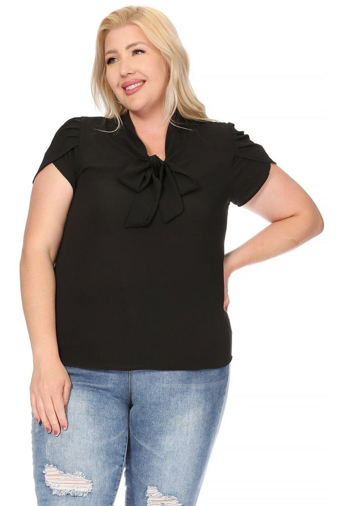 Women's Plus Size Solid Petal Sleeve Bow Tie Neck Short Sleeve Blouse FashionJOA