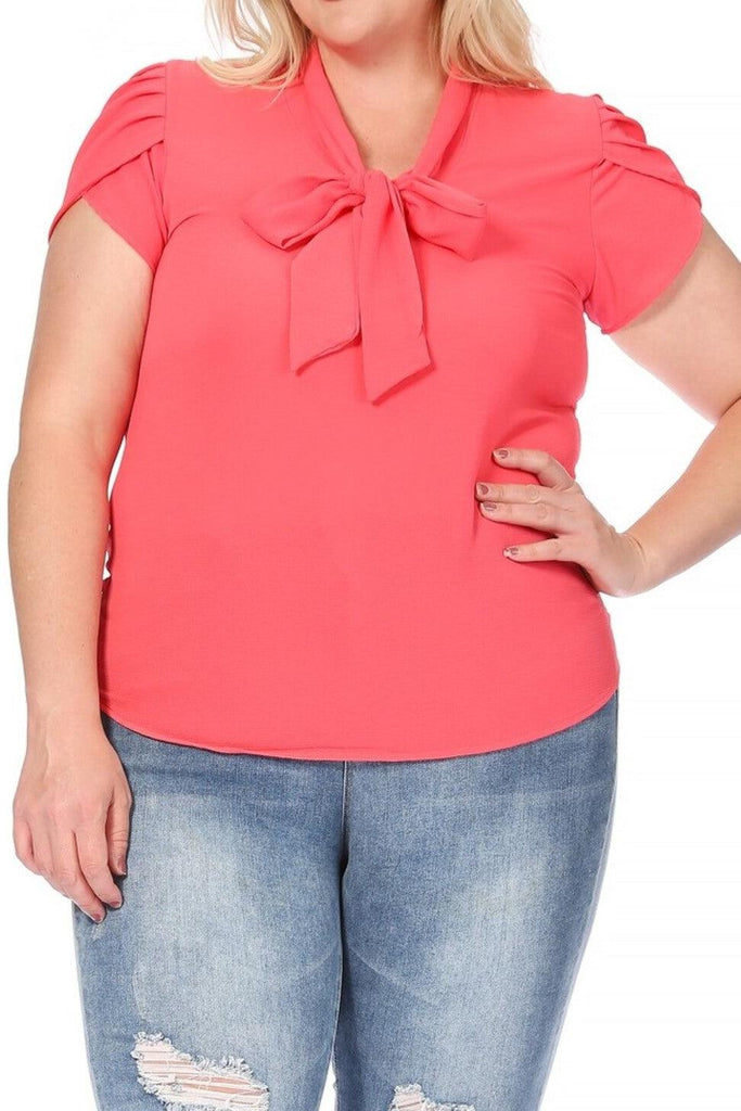 Women's Plus Size Solid Petal Sleeve Bow Tie Neck Short Sleeve Blouse FashionJOA