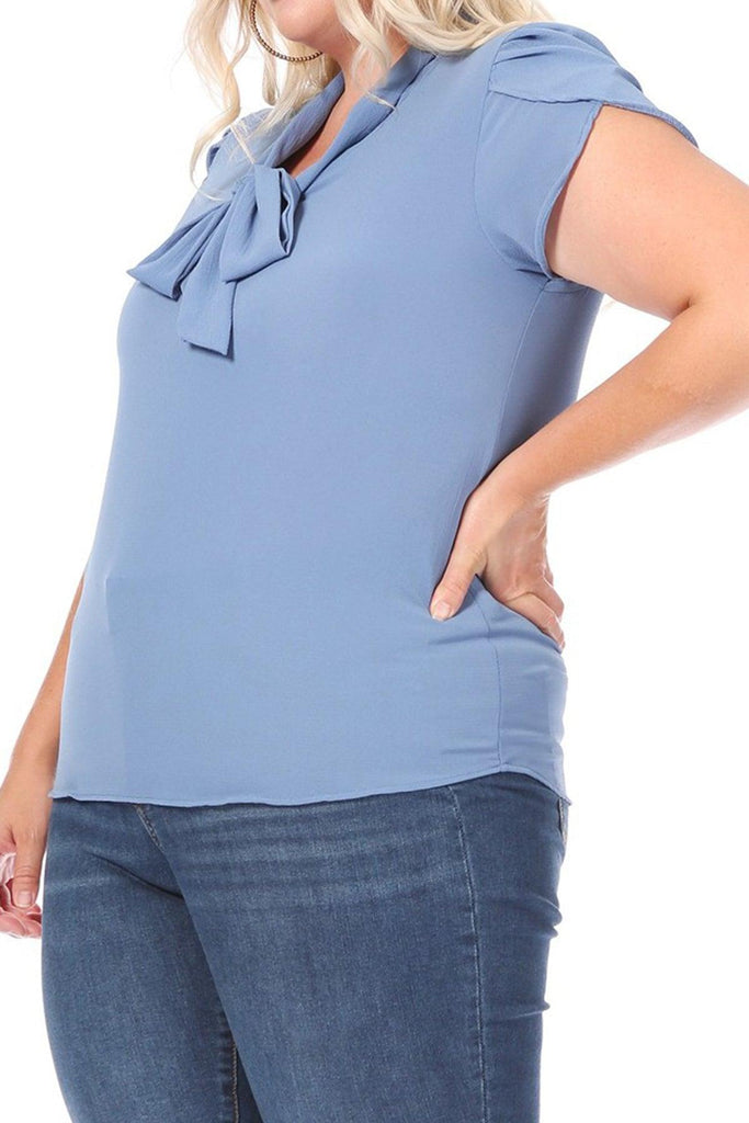 Women's Plus Size Solid Petal Sleeve Bow Tie Neck Short Sleeve Blouse FashionJOA