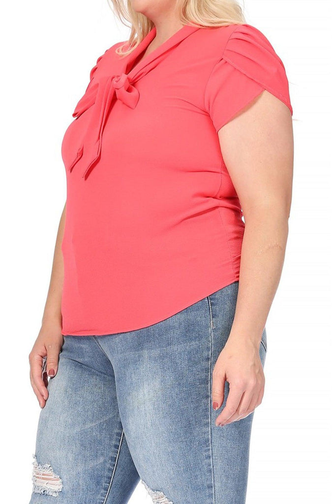 Women's Plus Size Solid Petal Sleeve Bow Tie Neck Short Sleeve Blouse FashionJOA