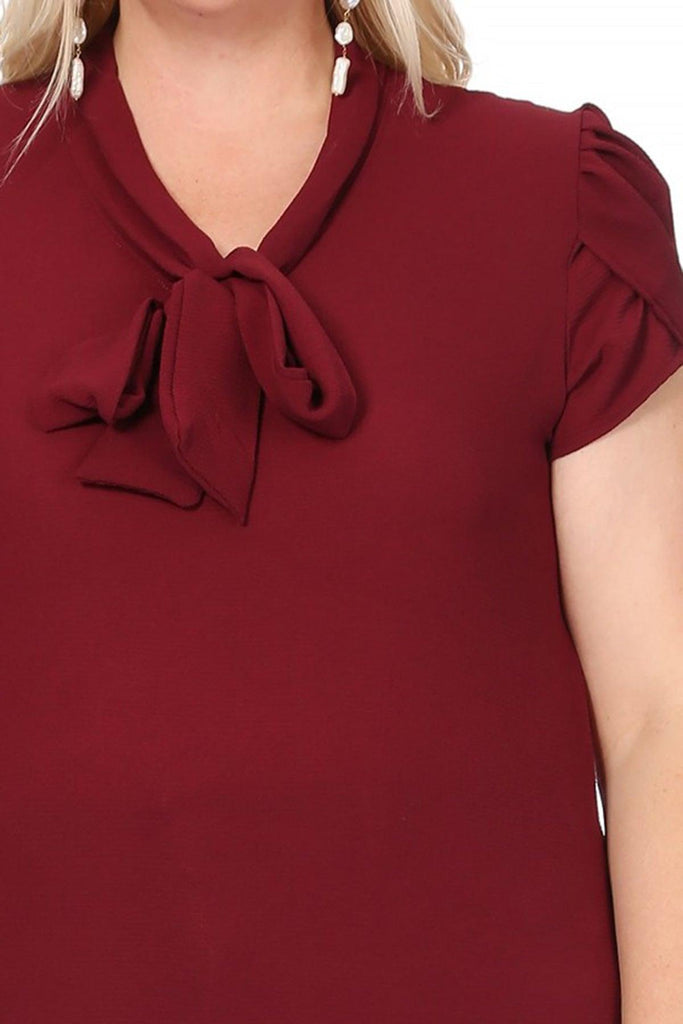 Women's Plus Size Solid Petal Sleeve Bow Tie Neck Short Sleeve Blouse FashionJOA