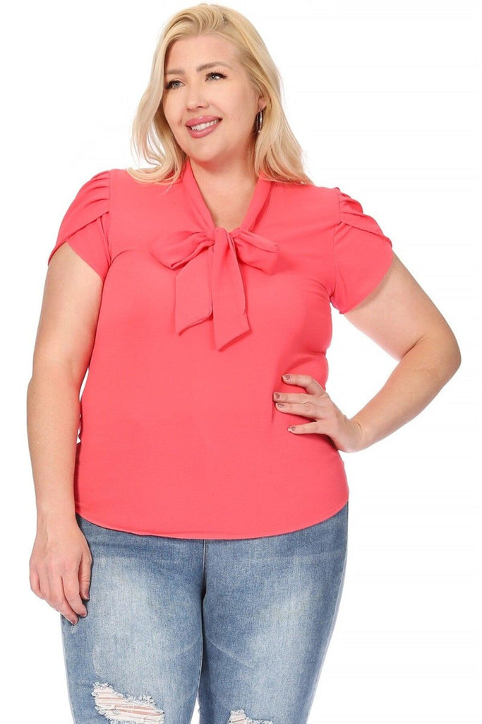 Women's Plus Size Solid Petal Sleeve Bow Tie Neck Short Sleeve Blouse FashionJOA