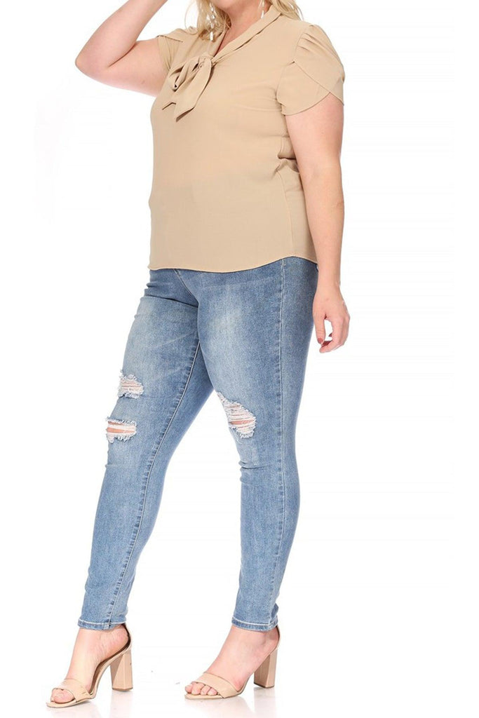 Women's Plus Size Solid Petal Sleeve Bow Tie Neck Short Sleeve Blouse FashionJOA