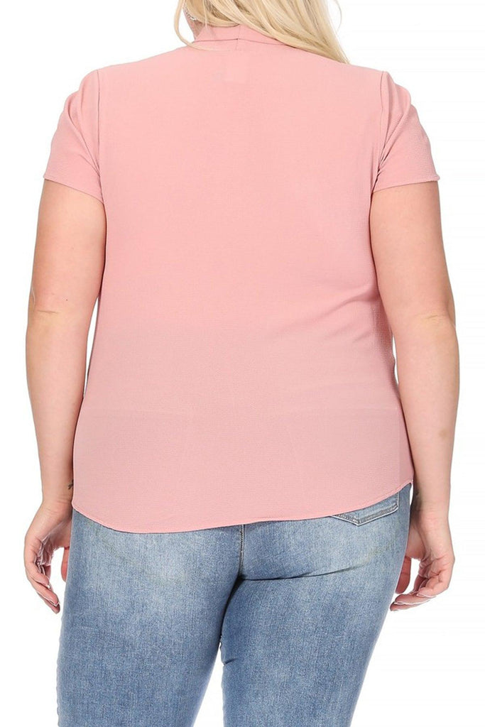 Women's Plus Size Solid Petal Sleeve Bow Tie Neck Short Sleeve Blouse FashionJOA