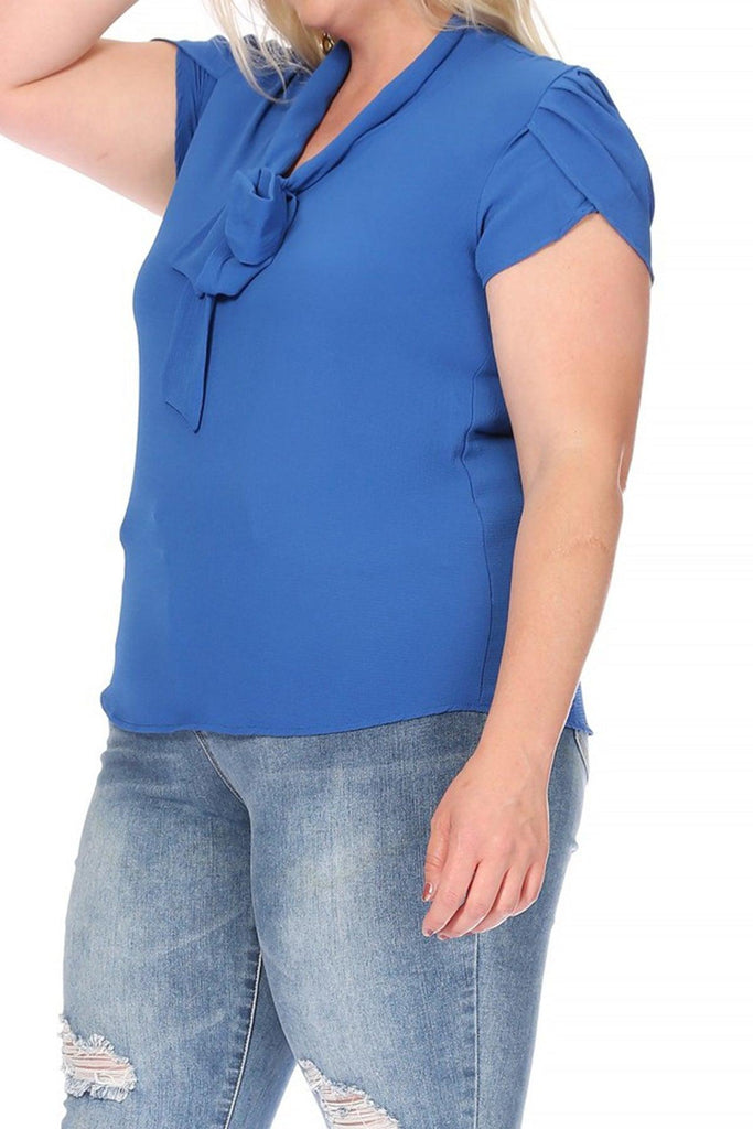 Women's Plus Size Solid Petal Sleeve Bow Tie Neck Short Sleeve Blouse FashionJOA