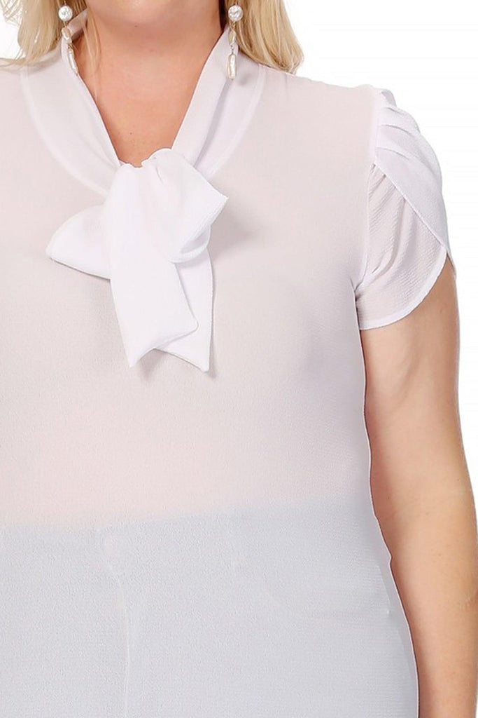 Women's Plus Size Solid Petal Sleeve Bow Tie Neck Short Sleeve Blouse FashionJOA