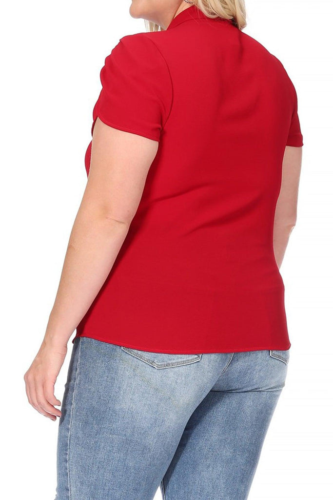 Women's Plus Size Solid Petal Sleeve Bow Tie Neck Short Sleeve Blouse FashionJOA