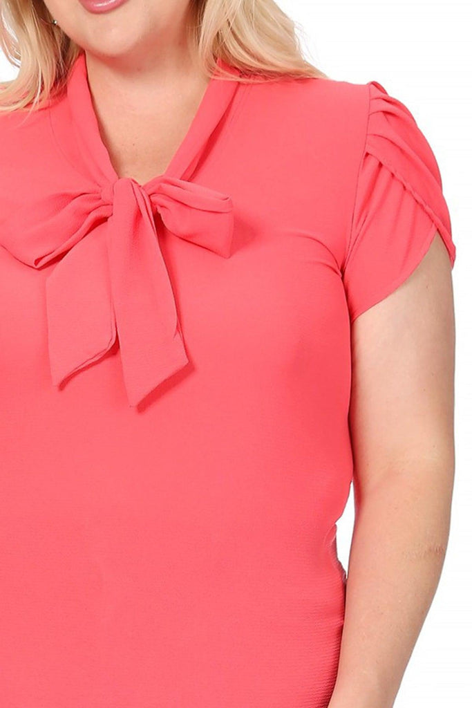 Women's Plus Size Solid Petal Sleeve Bow Tie Neck Short Sleeve Blouse FashionJOA