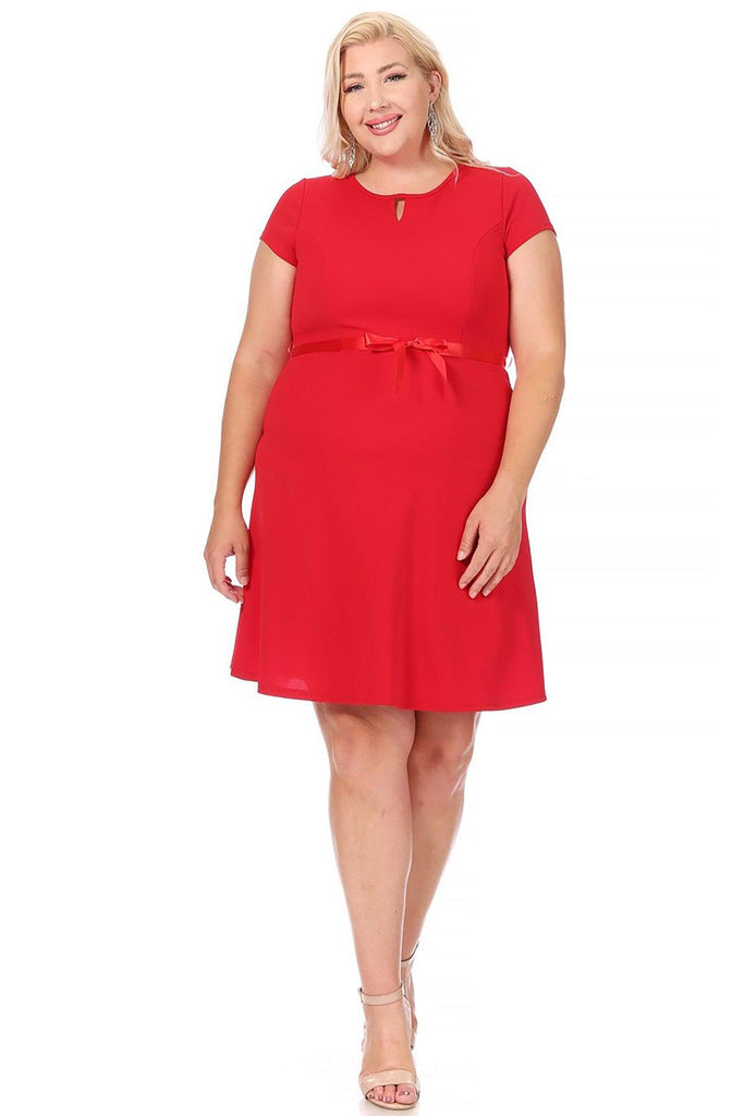 Women's Plus Size Solid Round Neck Front Cutout Short Sleeve Flared A Line Dresses FashionJOA