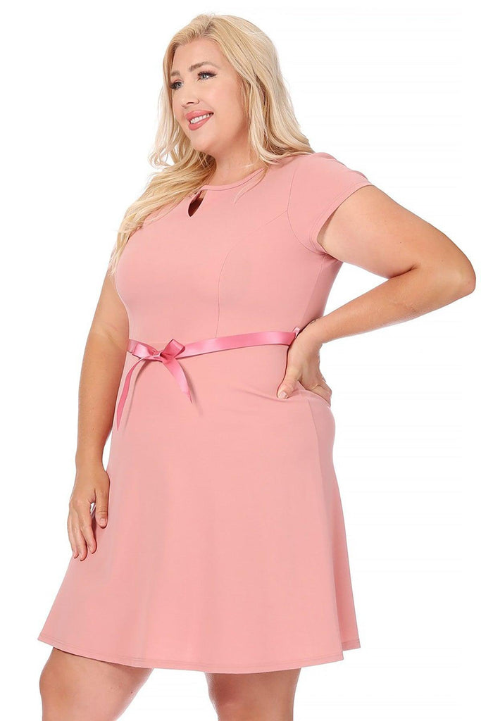 Women's Plus Size Solid Round Neck Front Cutout Short Sleeve Flared A Line Dresses FashionJOA