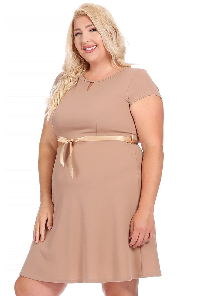 Women's Plus Size Solid Round Neck Front Cutout Short Sleeve Flared A Line Dresses FashionJOA