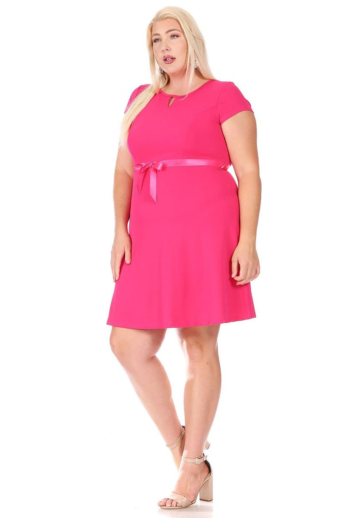 Women's Plus Size Solid Round Neck Front Cutout Short Sleeve Flared A Line Dresses FashionJOA