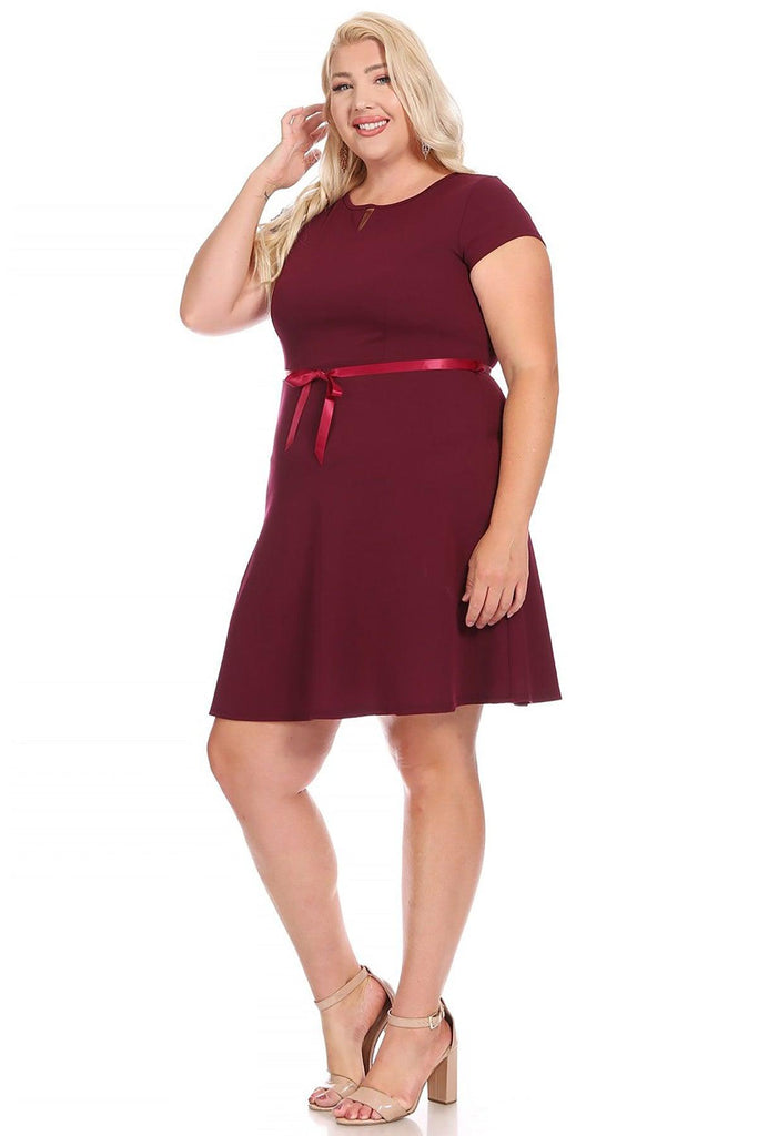 Women's Plus Size Solid Round Neck Front Cutout Short Sleeve Flared A Line Dresses FashionJOA