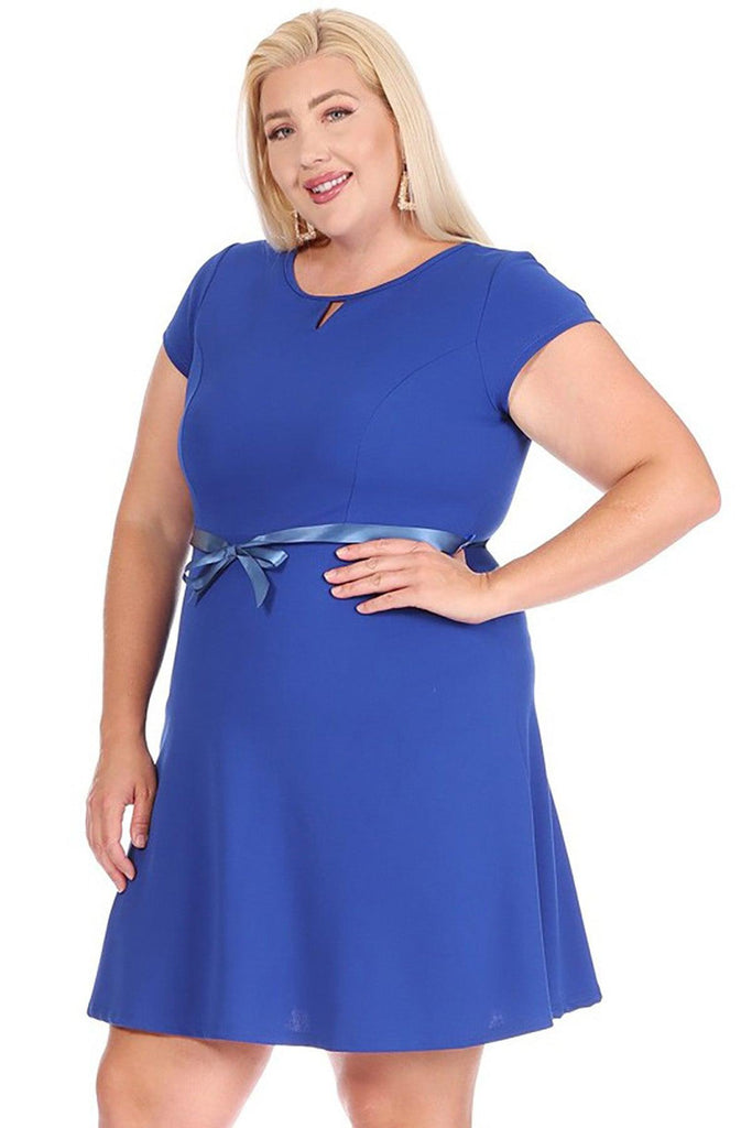 Women's Plus Size Solid Round Neck Front Cutout Short Sleeve Flared A Line Dresses FashionJOA