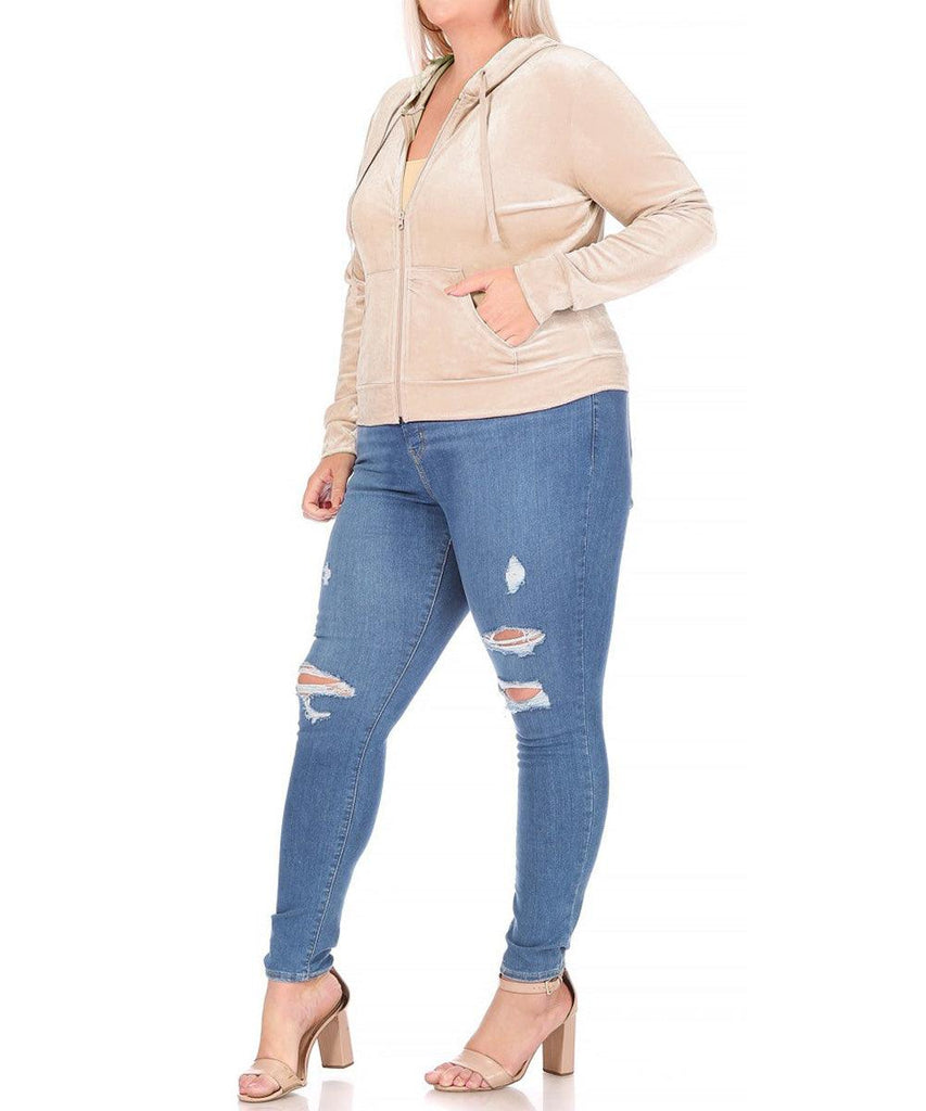 Women's Plus Size Velour Sweatshirt Zip Up Hoodie with Pockets FashionJOA
