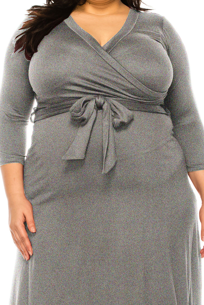 Women's Plus Size Wrap Dress 3/4 Sleeve V Neck Waist Tie FashionJOA
