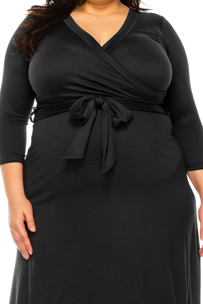 Women's Plus Size Wrap Dress 3/4 Sleeve V Neck Waist Tie FashionJOA