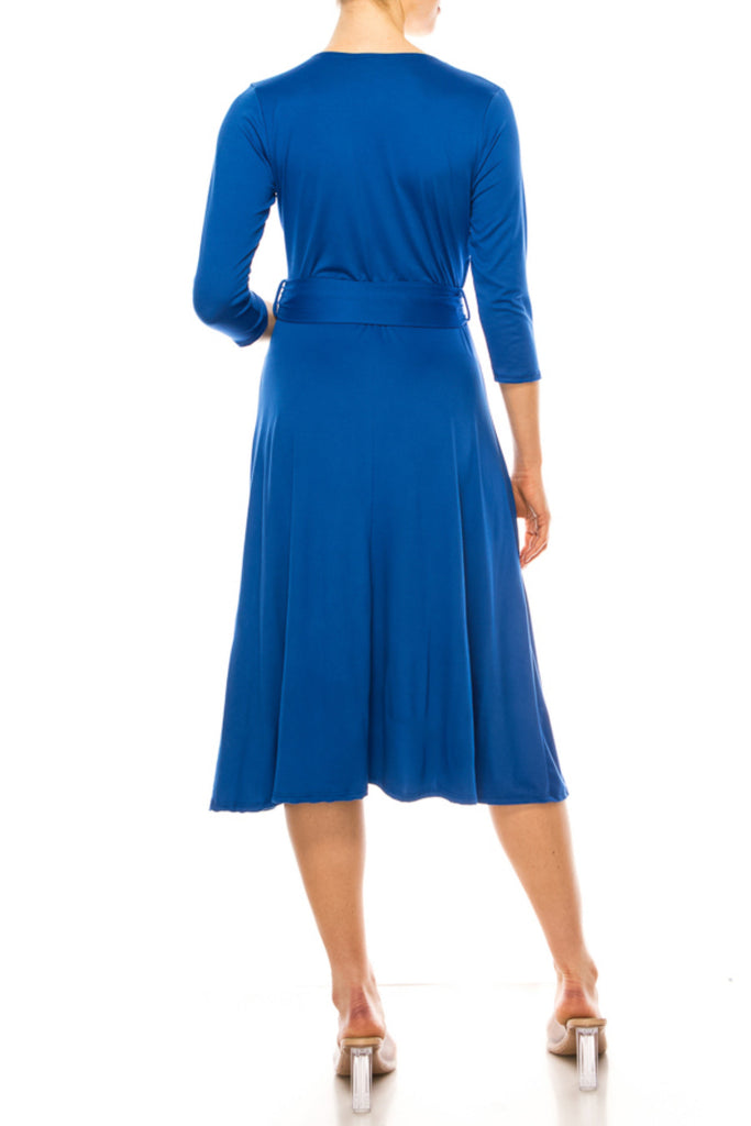 Women's Plus Size Wrap Dress 3/4 Sleeve V Neck Waist Tie FashionJOA