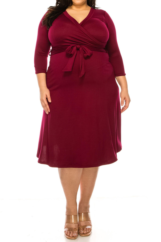 Women's Plus Size Wrap Dress 3/4 Sleeve V Neck Waist Tie FashionJOA