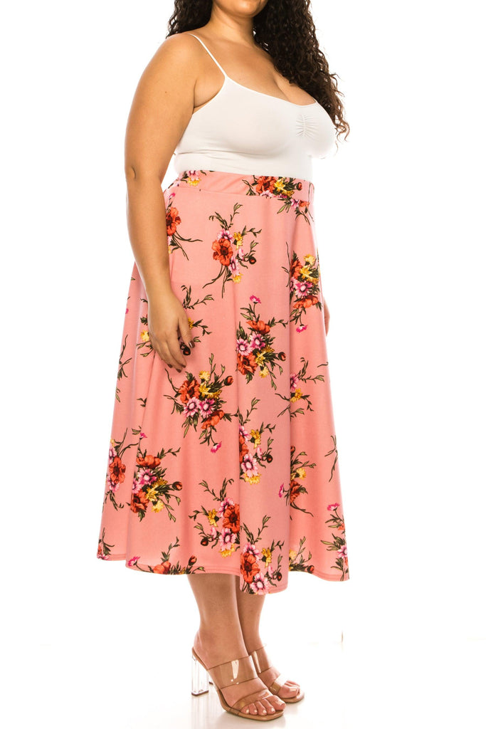 Women's Plus size Floral Printed Elastic Waist A-Line Midi Skirt FashionJOA