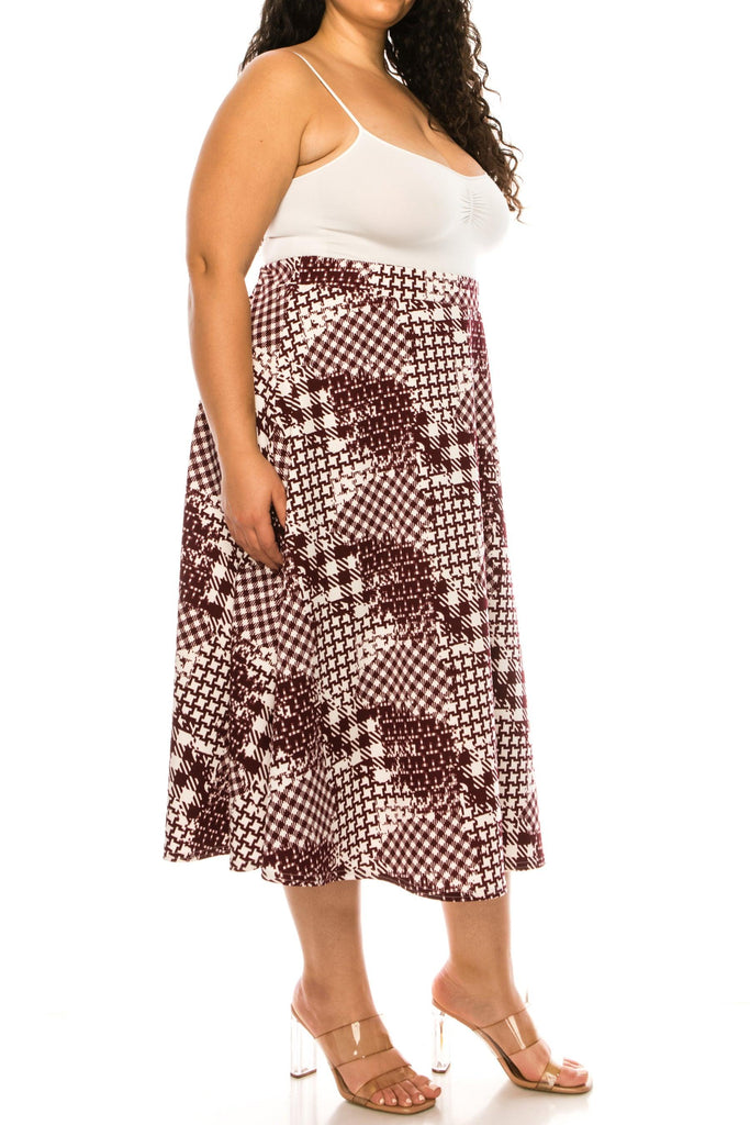 Women's Plus size Floral Printed Elastic Waist A-Line Midi Skirt FashionJOA