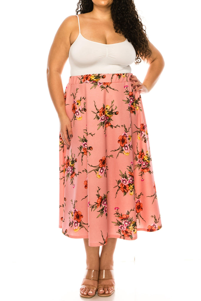 Women's Plus size Floral Printed Elastic Waist A-Line Midi Skirt FashionJOA