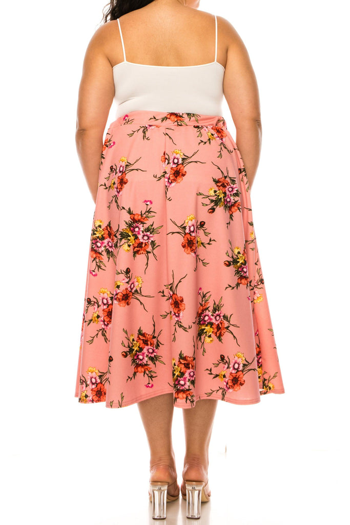 Women's Plus size Floral Printed Elastic Waist A-Line Midi Skirt FashionJOA