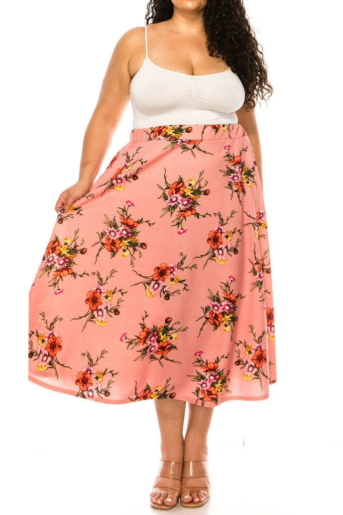 Women's Plus size Floral Printed Elastic Waist A-Line Midi Skirt FashionJOA