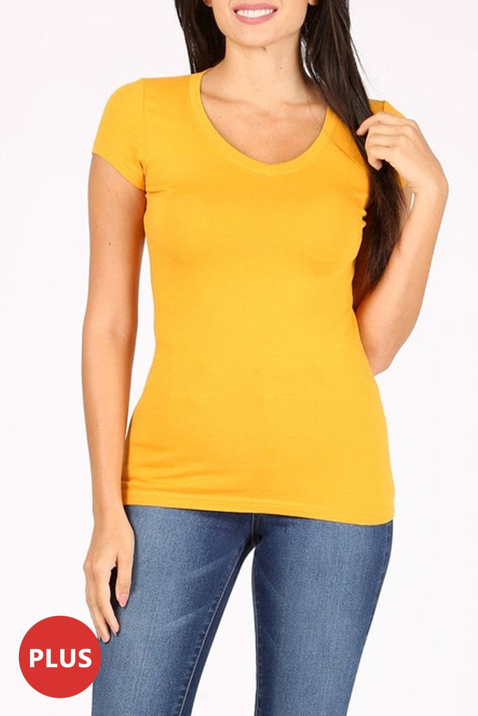 Women's Plus size Solid Basic Short Sleeve V-Neck Top FashionJOA