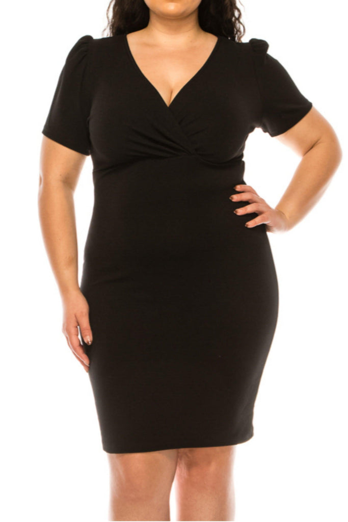 Women's Plus size Solid Sheath Dress with a Deep V-Neckline and Puff Sleeves FashionJOA