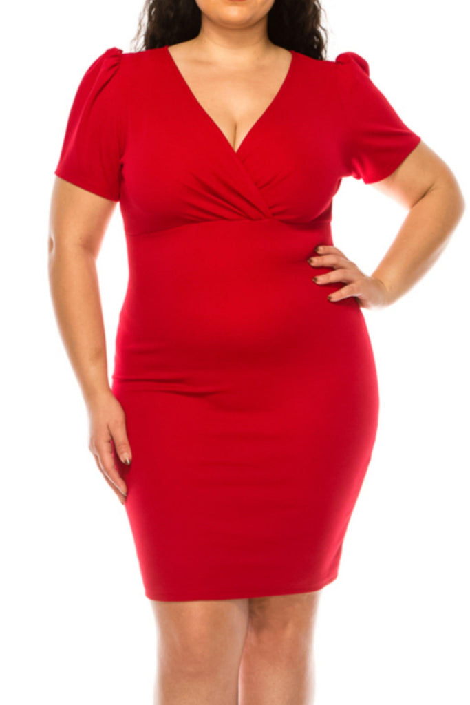 Women's Plus size Solid Sheath Dress with a Deep V-Neckline and Puff Sleeves FashionJOA