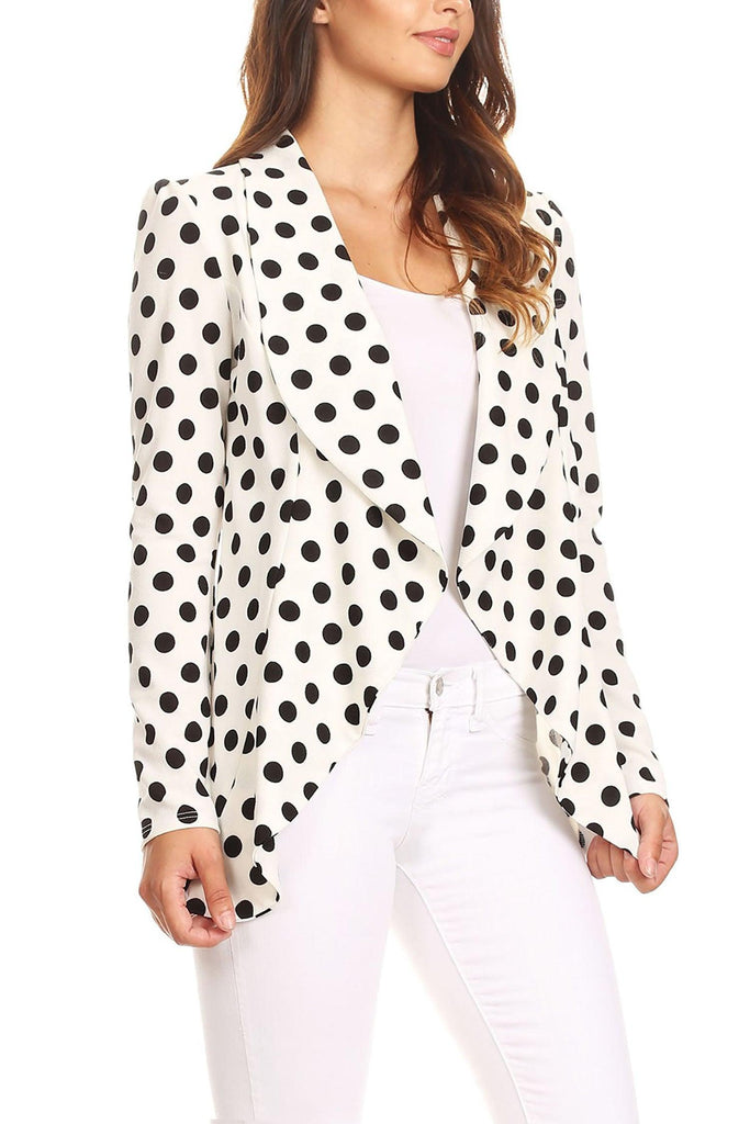 Women's Polka Dot Open Front Business Casual Work Office Long Sleeves Blazer Jacket FashionJOA