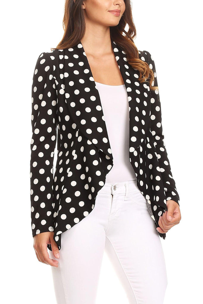 Women's Polka Dot Open Front Business Casual Work Office Long Sleeves Blazer Jacket FashionJOA