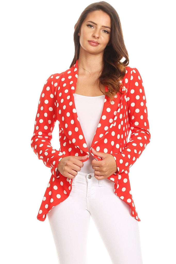 Women's Polka Dot Open Front Business Casual Work Office Long Sleeves Blazer Jacket FashionJOA