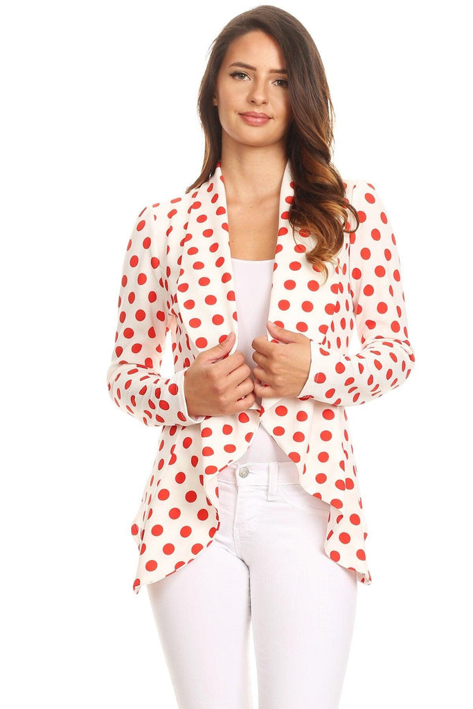 Women's Polka Dot Open Front Business Casual Work Office Long Sleeves Blazer Jacket FashionJOA